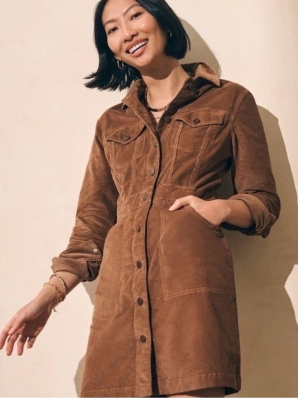 Faherty Chestnut Brown Corduroy Button-Front Mini Dress Sz 2 NWT! - Picture 2 of 10